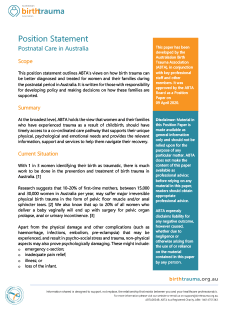 Our Story 1 Postnatal care in Australia, positional statement